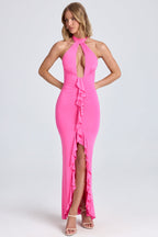 Chic Ruffle-Trim Halterneck Gown in Lollipop Pink