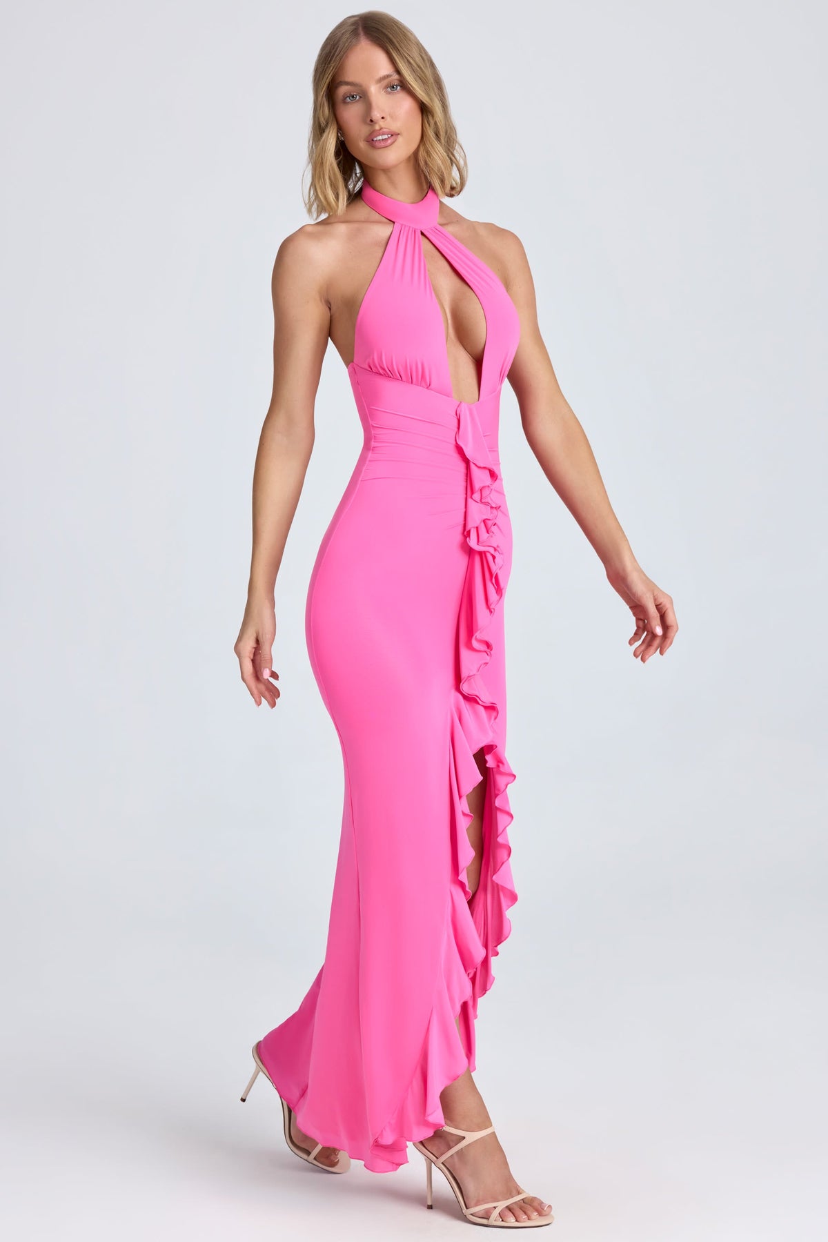 Chic Ruffle-Trim Halterneck Gown in Lollipop Pink
