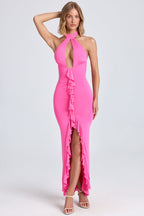 Chic Ruffle-Trim Halterneck Gown in Lollipop Pink