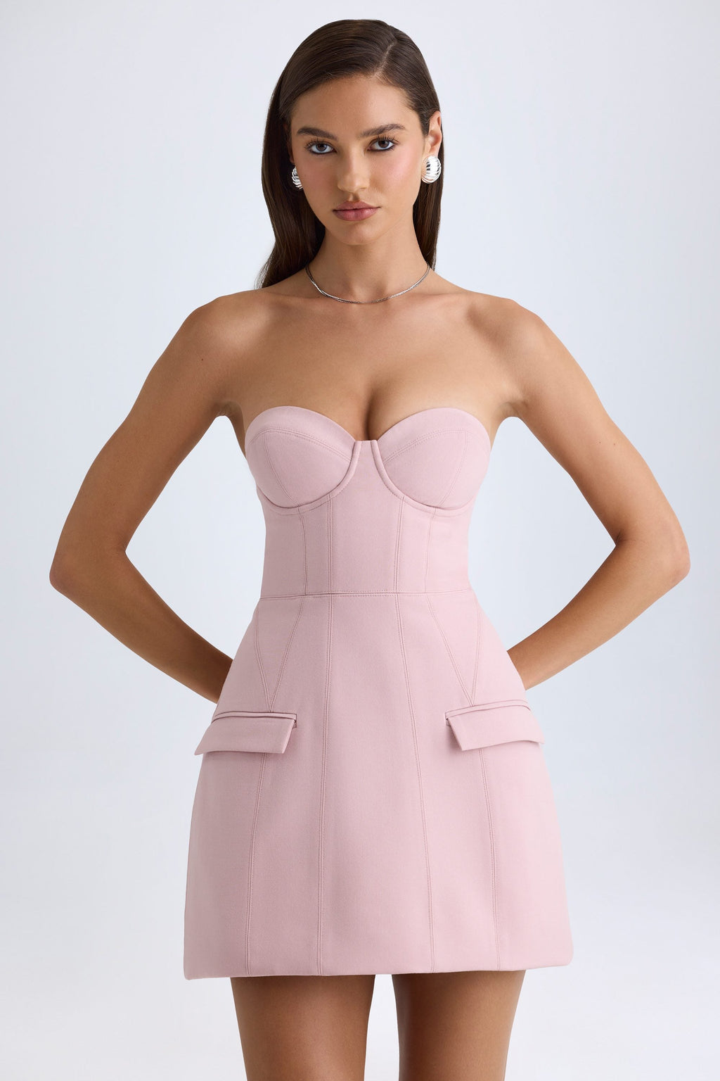 Chic Strapless Structured Tulip Mini Dress in Pink Mauve