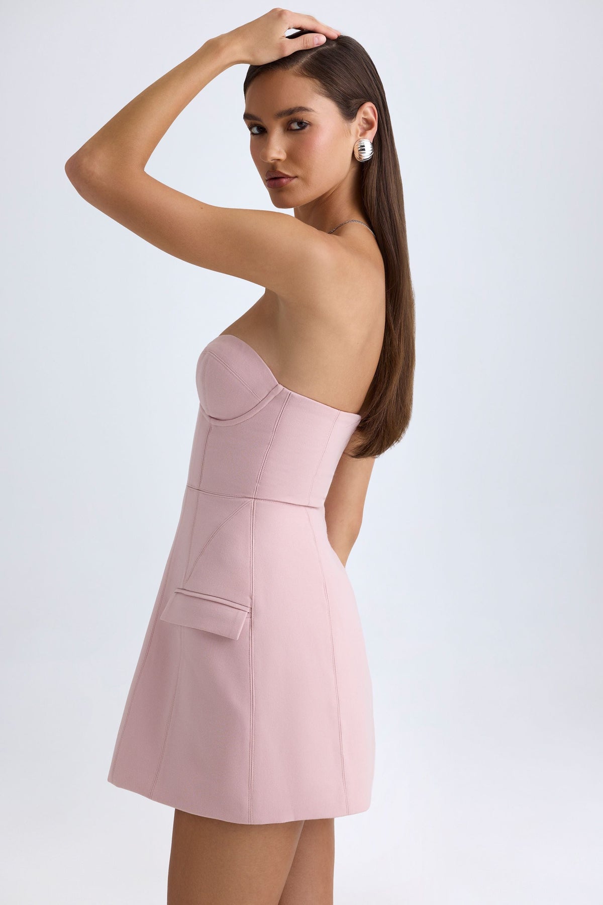 Chic Strapless Structured Tulip Mini Dress in Pink Mauve