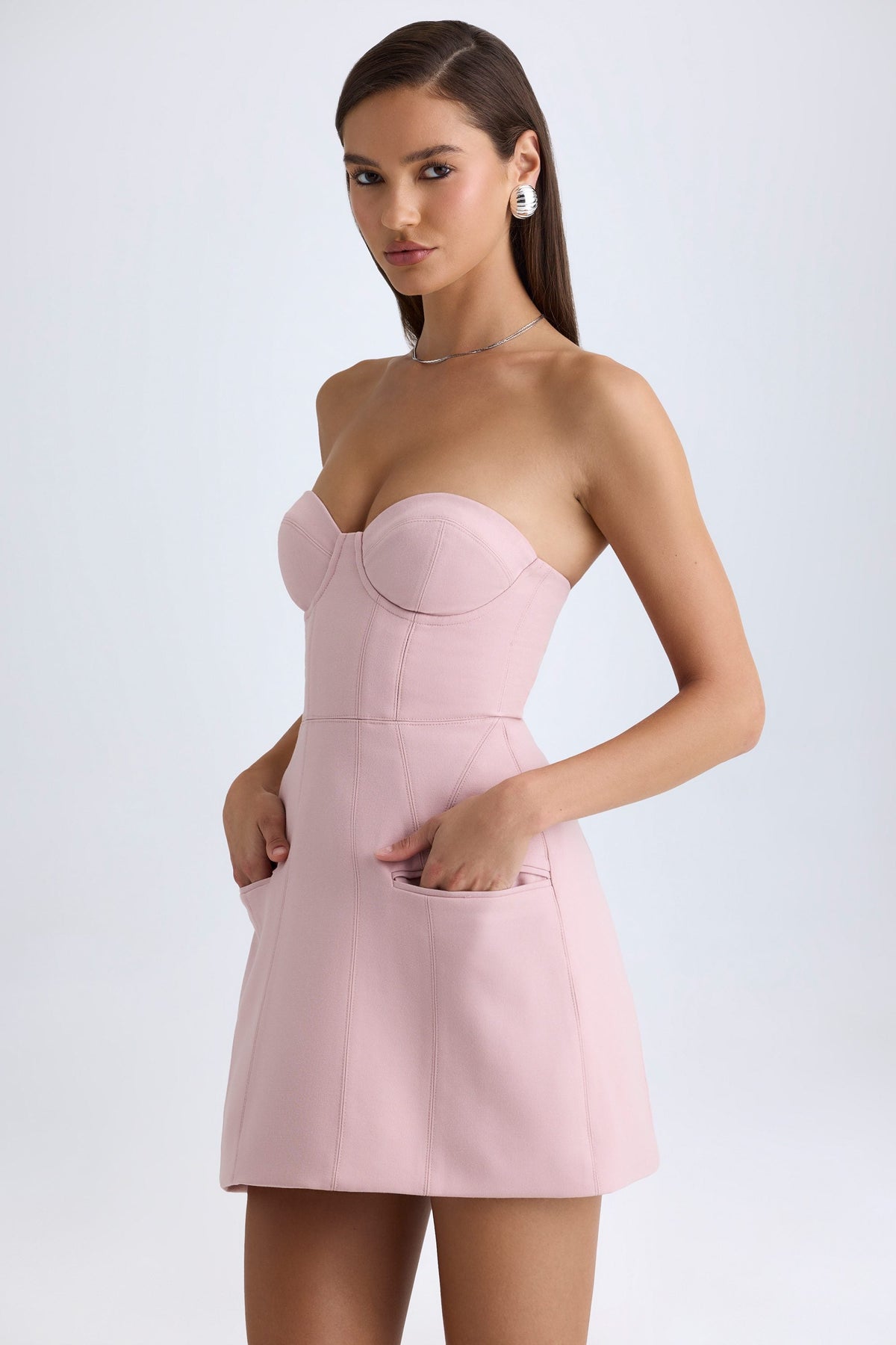 Chic Strapless Structured Tulip Mini Dress in Pink Mauve