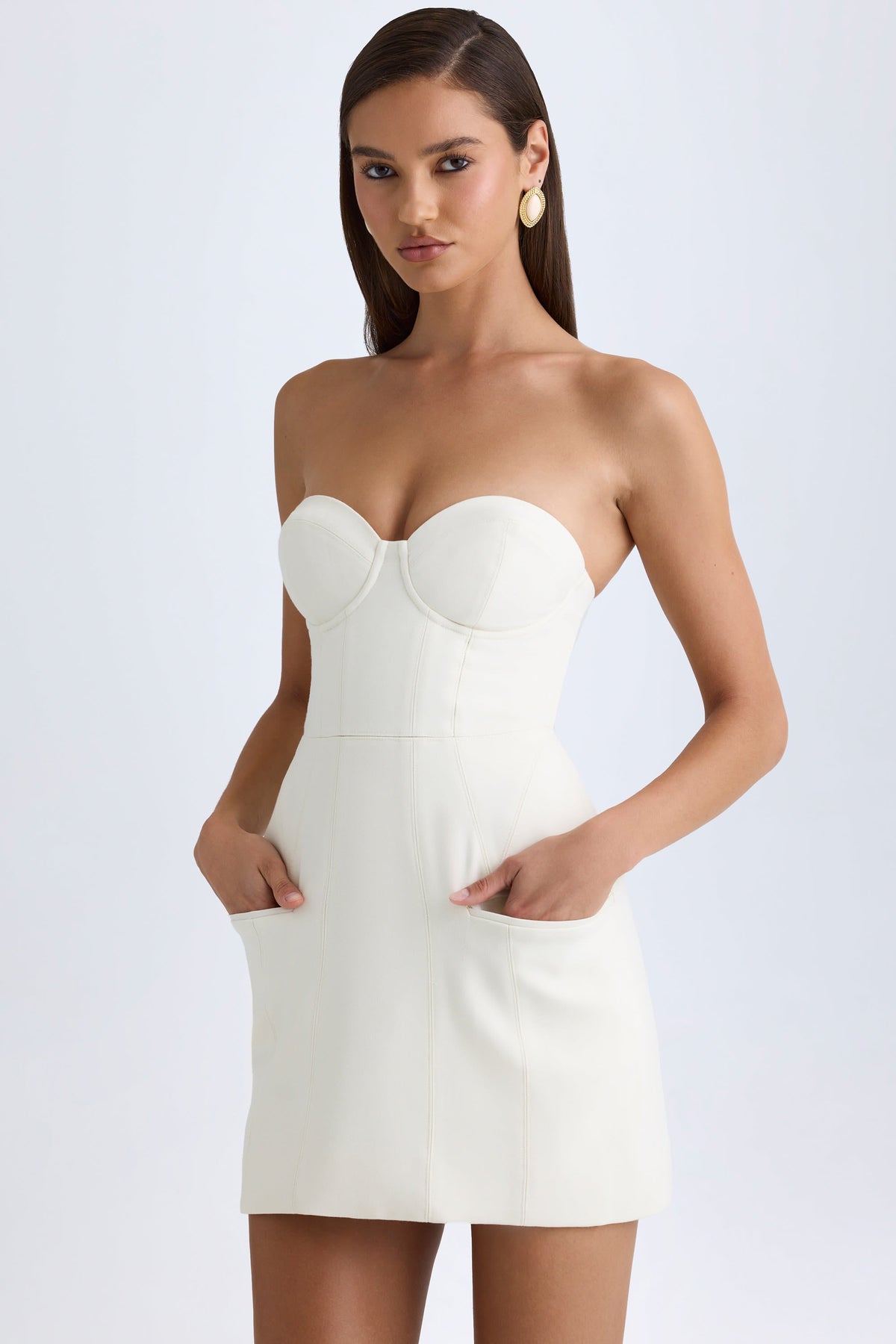 Chic Strapless Structured Tulip Mini Dress in Vanilla