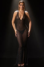 Chic Embellished Semi-Sheer Halterneck Gown in Black
