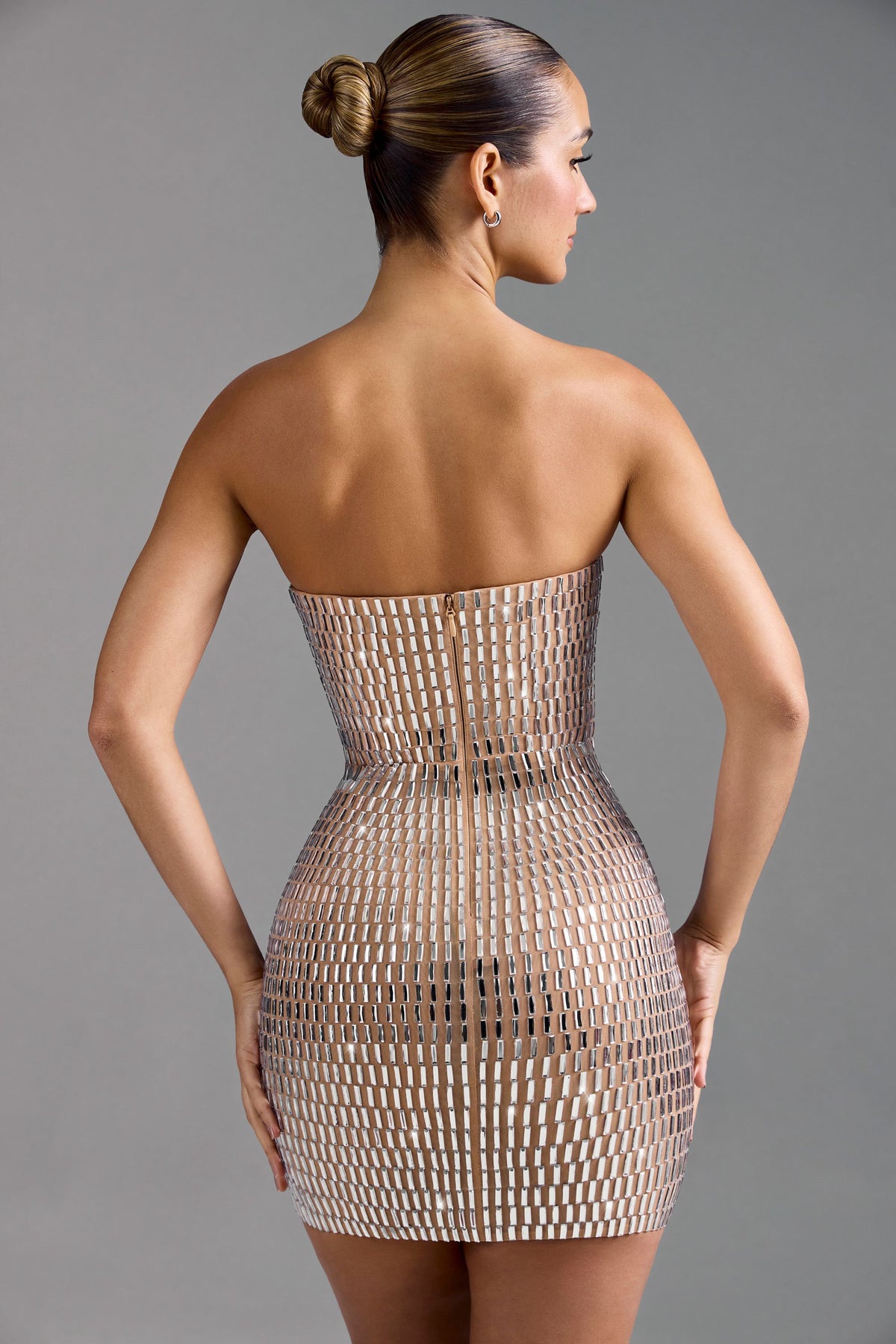 Chic Embellished Bandeau Mini Dress in Honey