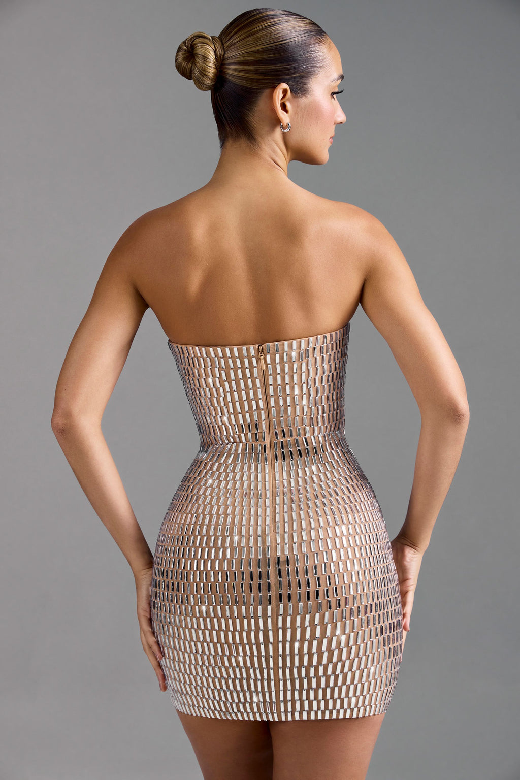 Chic Embellished Bandeau Mini Dress in Honey