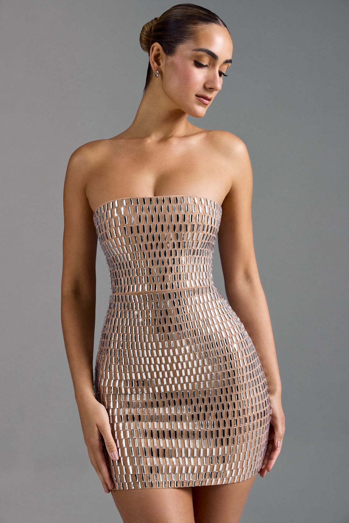 Chic Embellished Bandeau Mini Dress in Honey