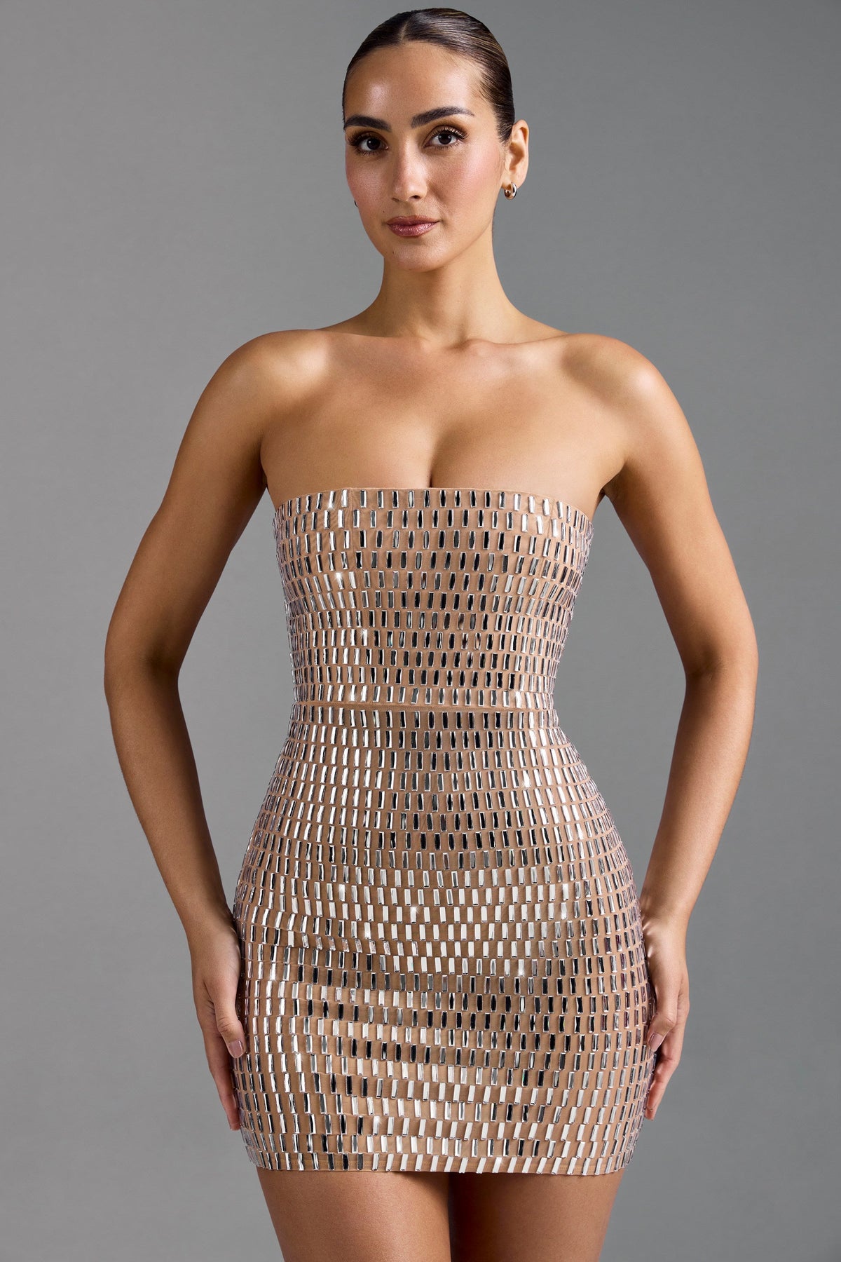 Chic Embellished Bandeau Mini Dress in Honey