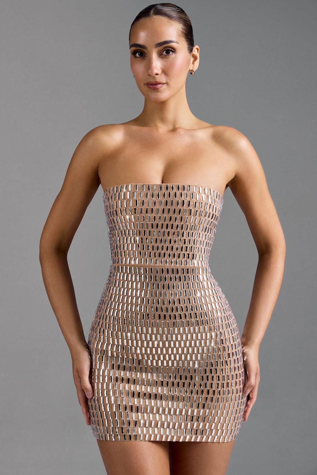Chic Embellished Bandeau Mini Dress in Honey