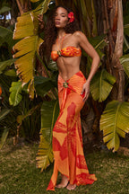 Chic Ruched Hardware-Detail Fishtail Maxi Skirt in Orange Orchid Print