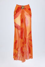 Chic Ruched Hardware-Detail Fishtail Maxi Skirt in Orange Orchid Print