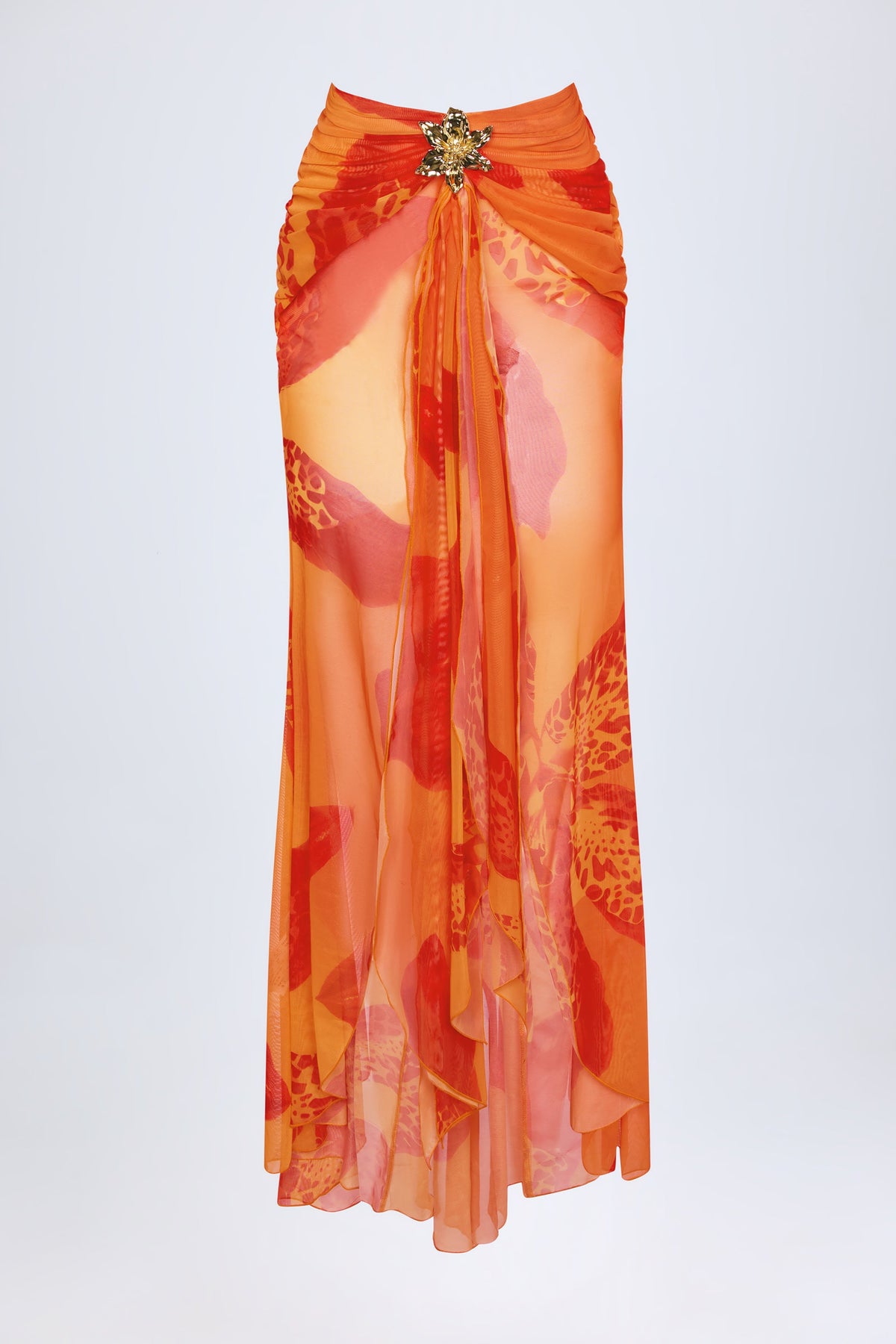 Chic Ruched Hardware-Detail Fishtail Maxi Skirt in Orange Orchid Print