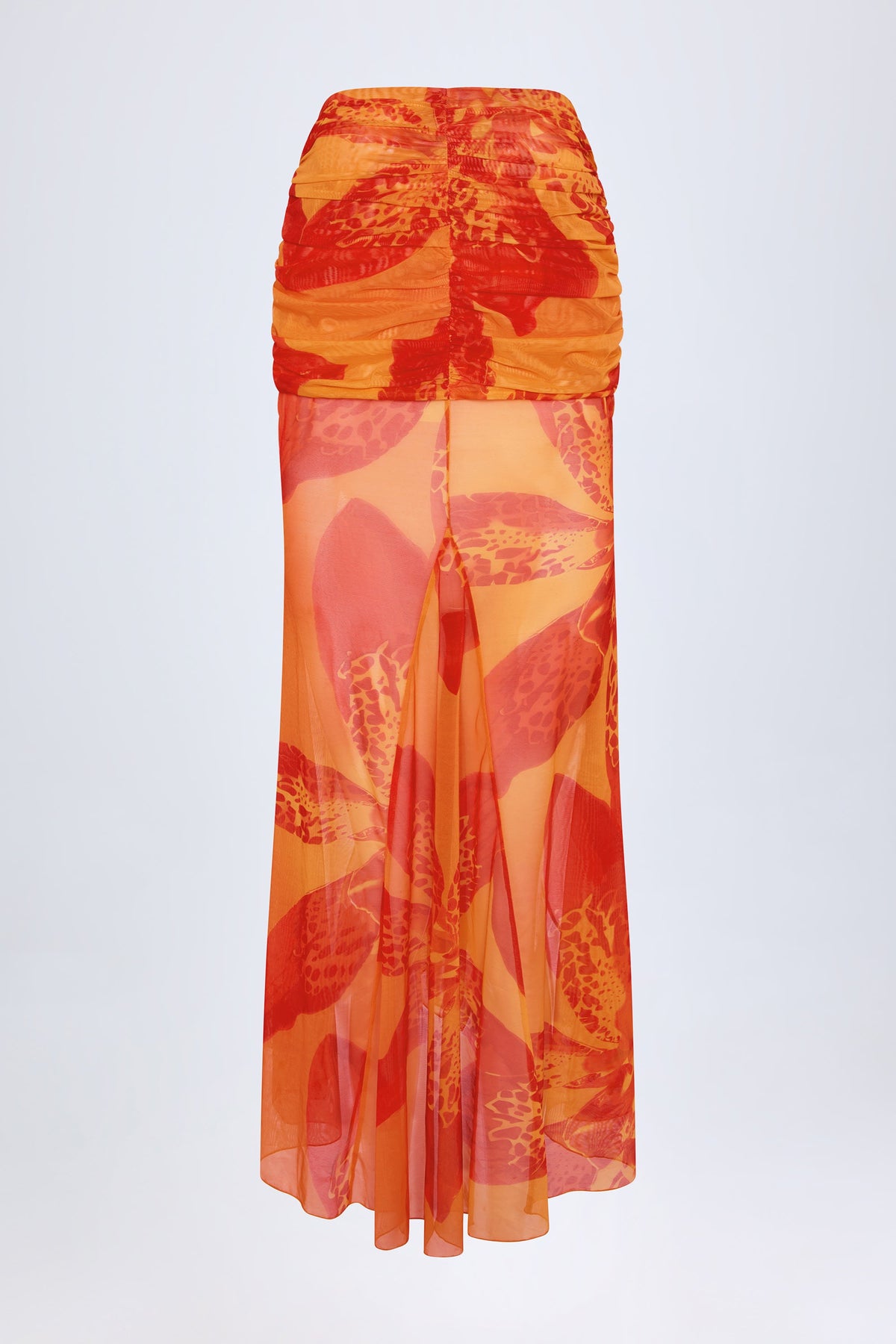 Chic Ruched Hardware-Detail Fishtail Maxi Skirt in Orange Orchid Print