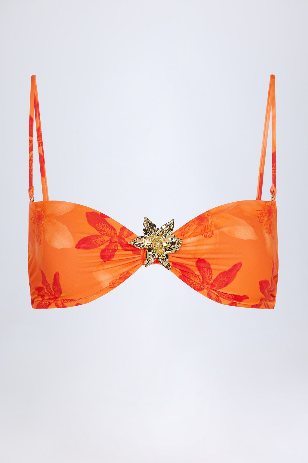 Chic Hardware-Detail Halterneck Bikini Top in Orange Orchid Print
