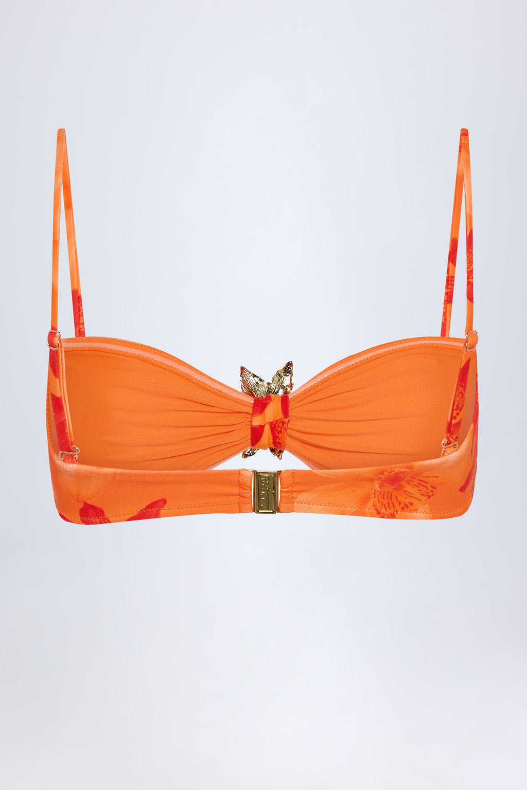 Chic Hardware-Detail Halterneck Bikini Top in Orange Orchid Print