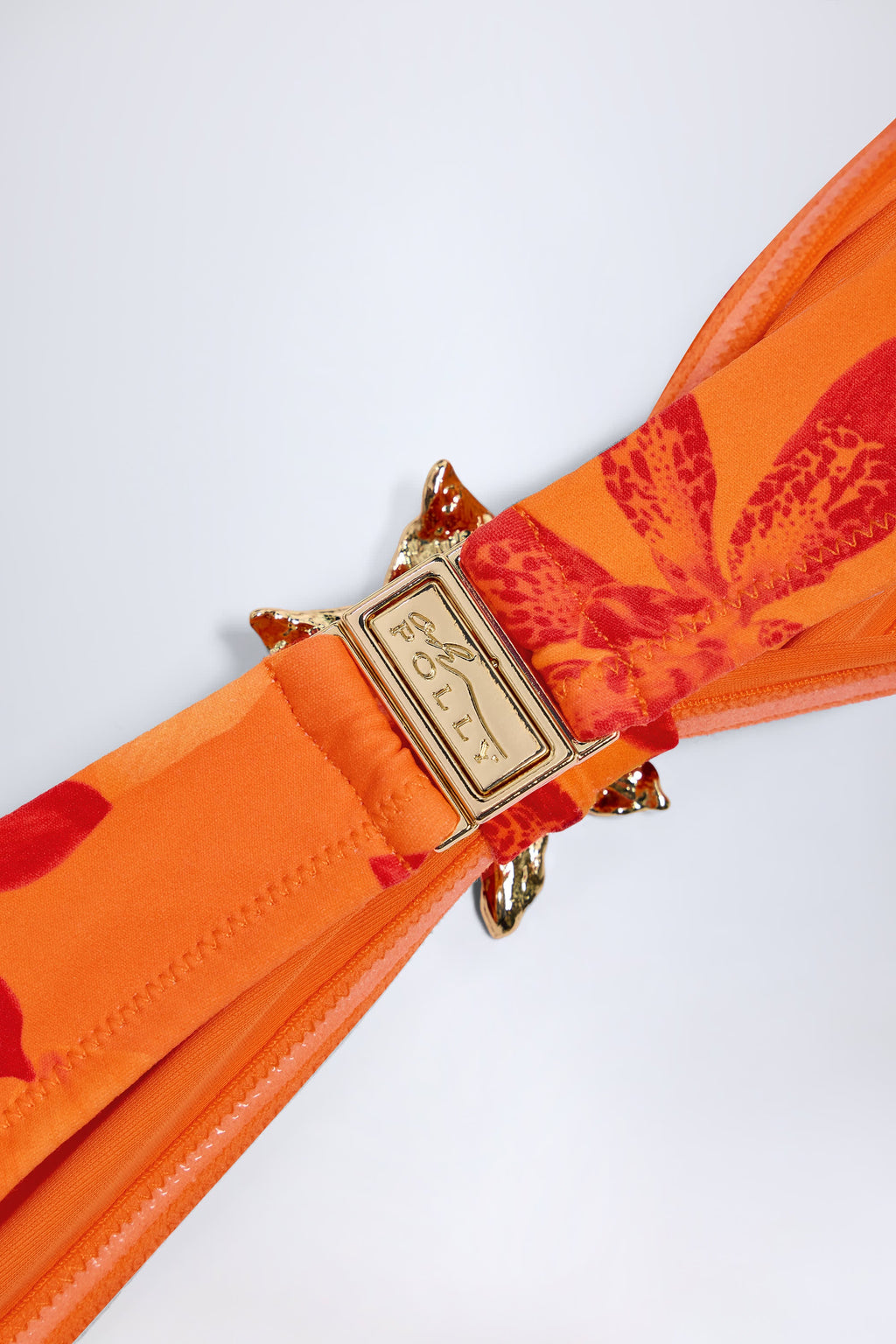 Chic Hardware-Detail Halterneck Bikini Top in Orange Orchid Print