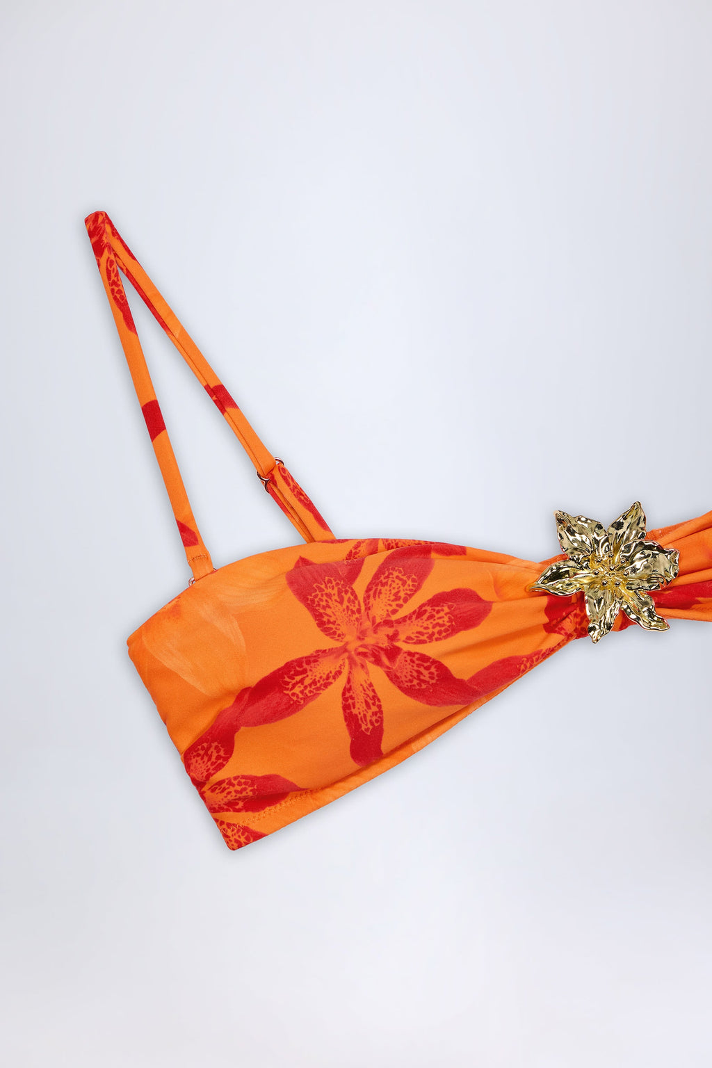 Chic Hardware-Detail Halterneck Bikini Top in Orange Orchid Print