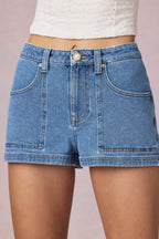 Chic High-Waist A-Line Shorts in Mid-Blue Wash