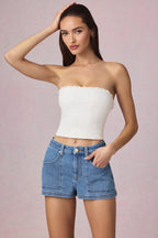 Chic High-Waist A-Line Shorts in Mid-Blue Wash