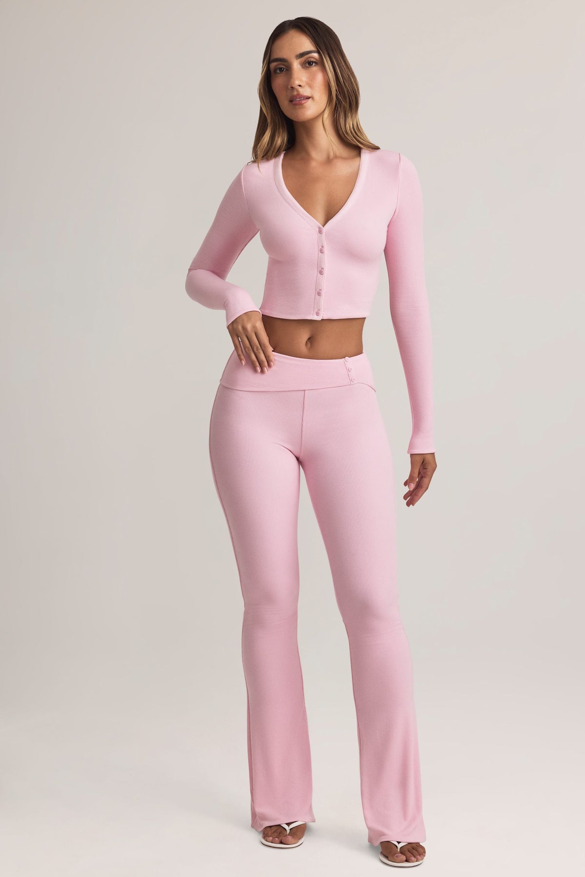 Chic Modal Foldover Mid-Rise Flared Trousers in Pastel Pink