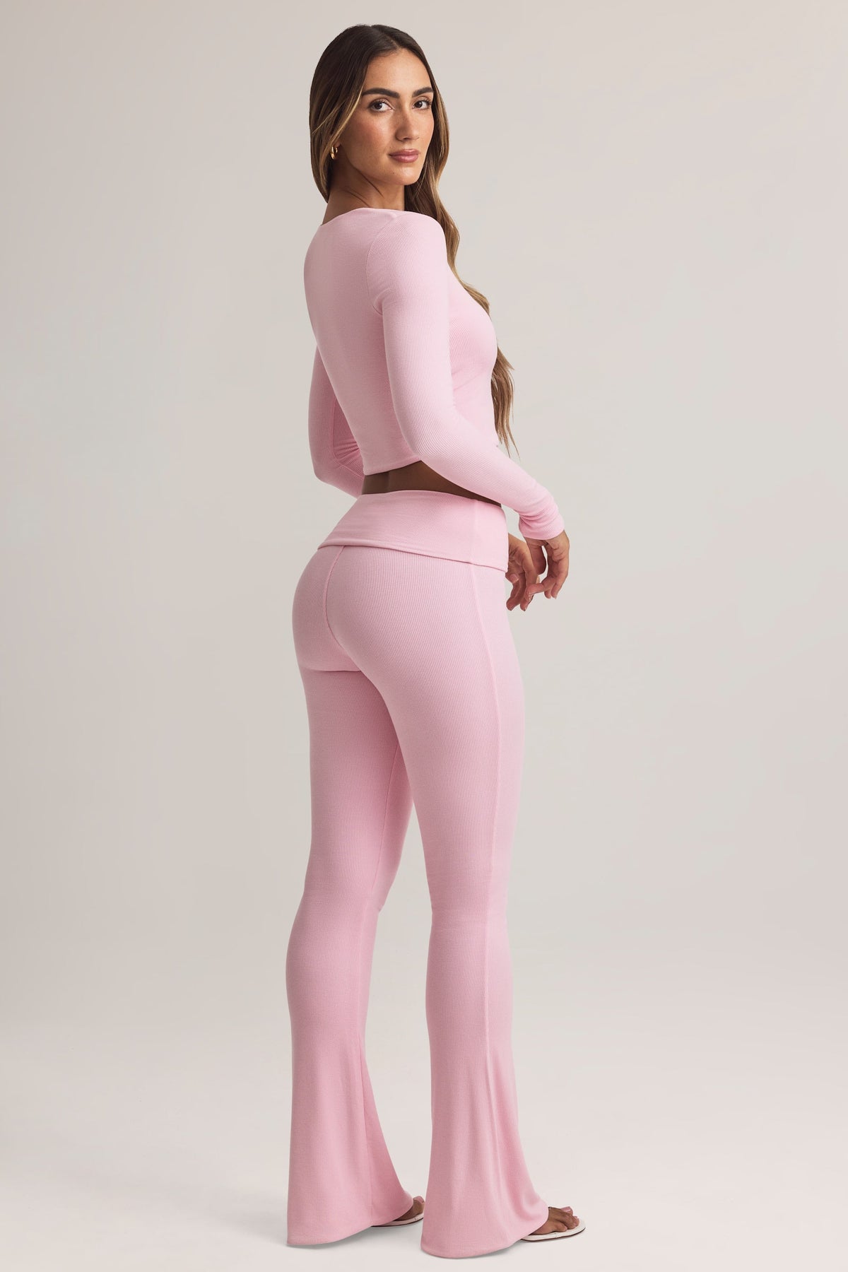 Chic Modal Foldover Mid-Rise Flared Trousers in Pastel Pink