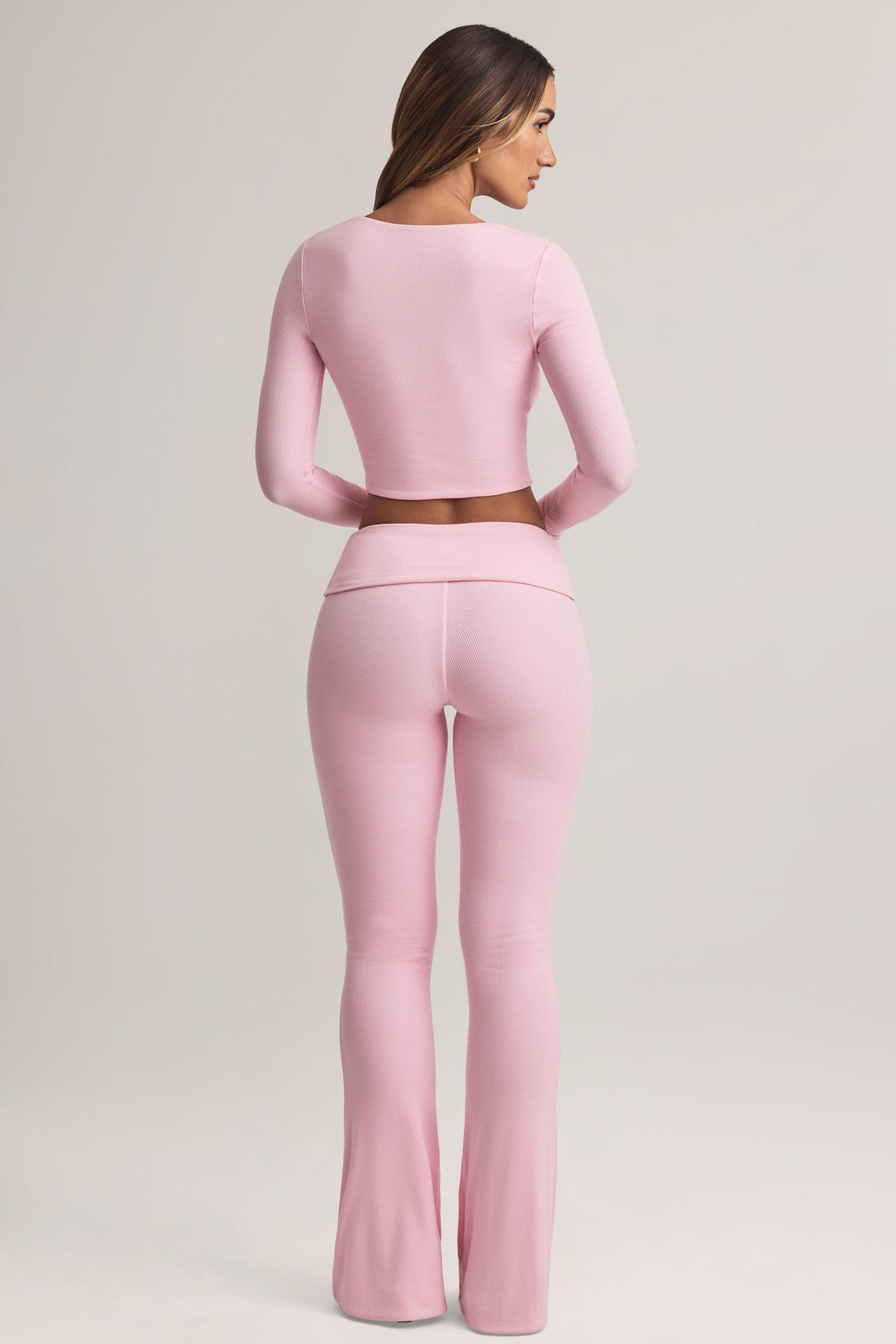 Chic Modal Foldover Mid-Rise Flared Trousers in Pastel Pink
