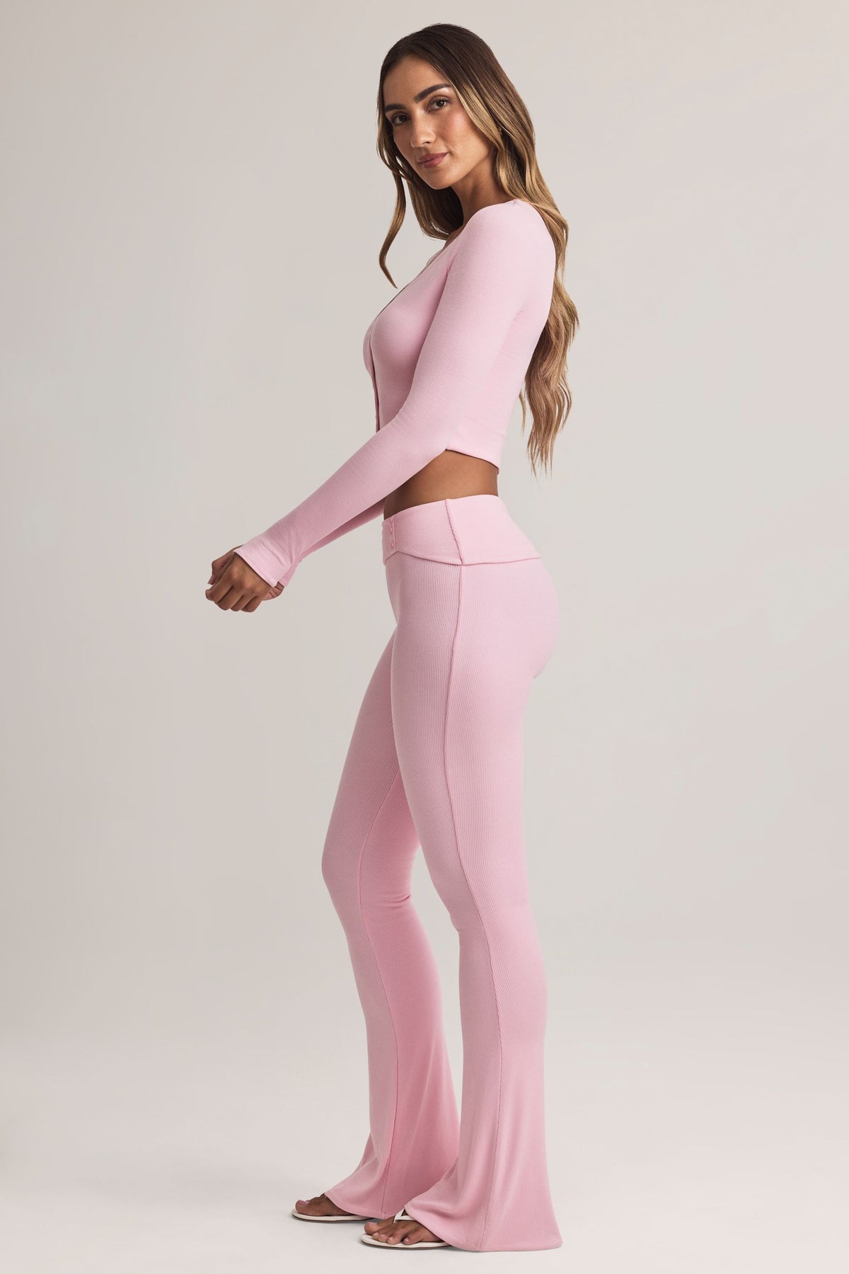 Chic Modal Foldover Mid-Rise Flared Trousers in Pastel Pink