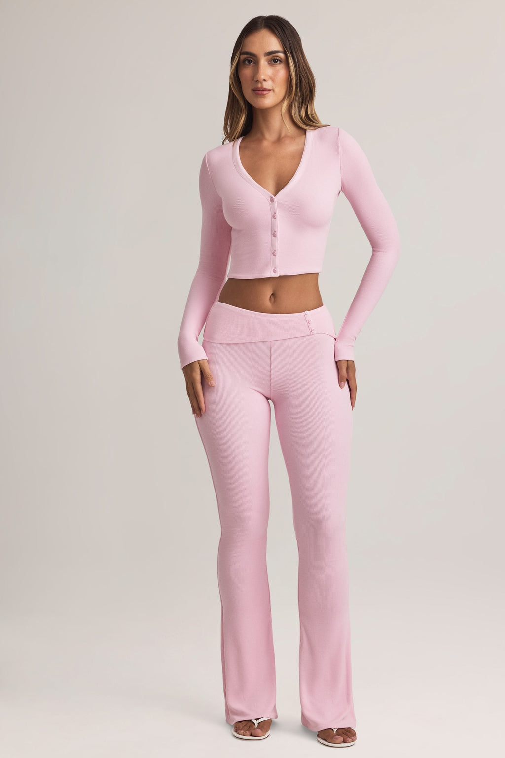 Chic Modal Foldover Mid-Rise Flared Trousers in Pastel Pink