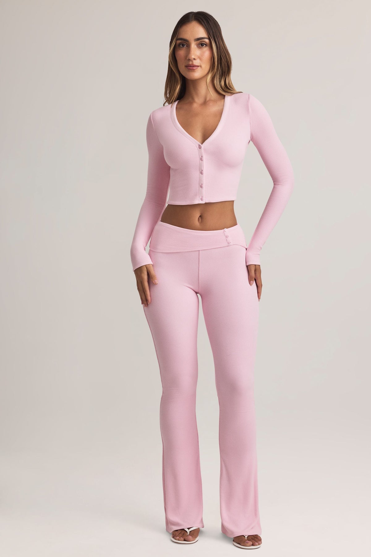 Chic Modal Foldover Mid-Rise Flared Trousers in Pastel Pink