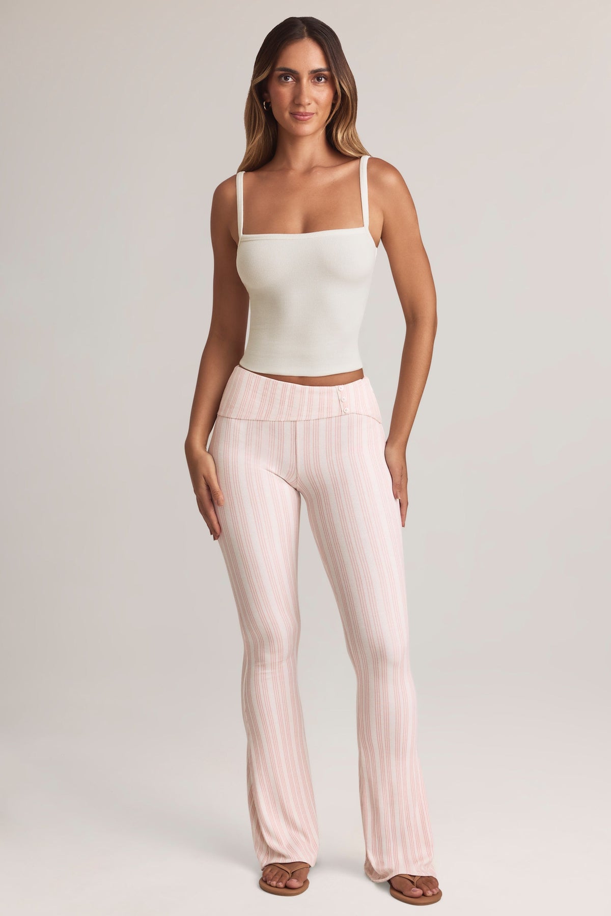 Chic Modal Foldover Mid-Rise Flared Trousers in Stripe Print