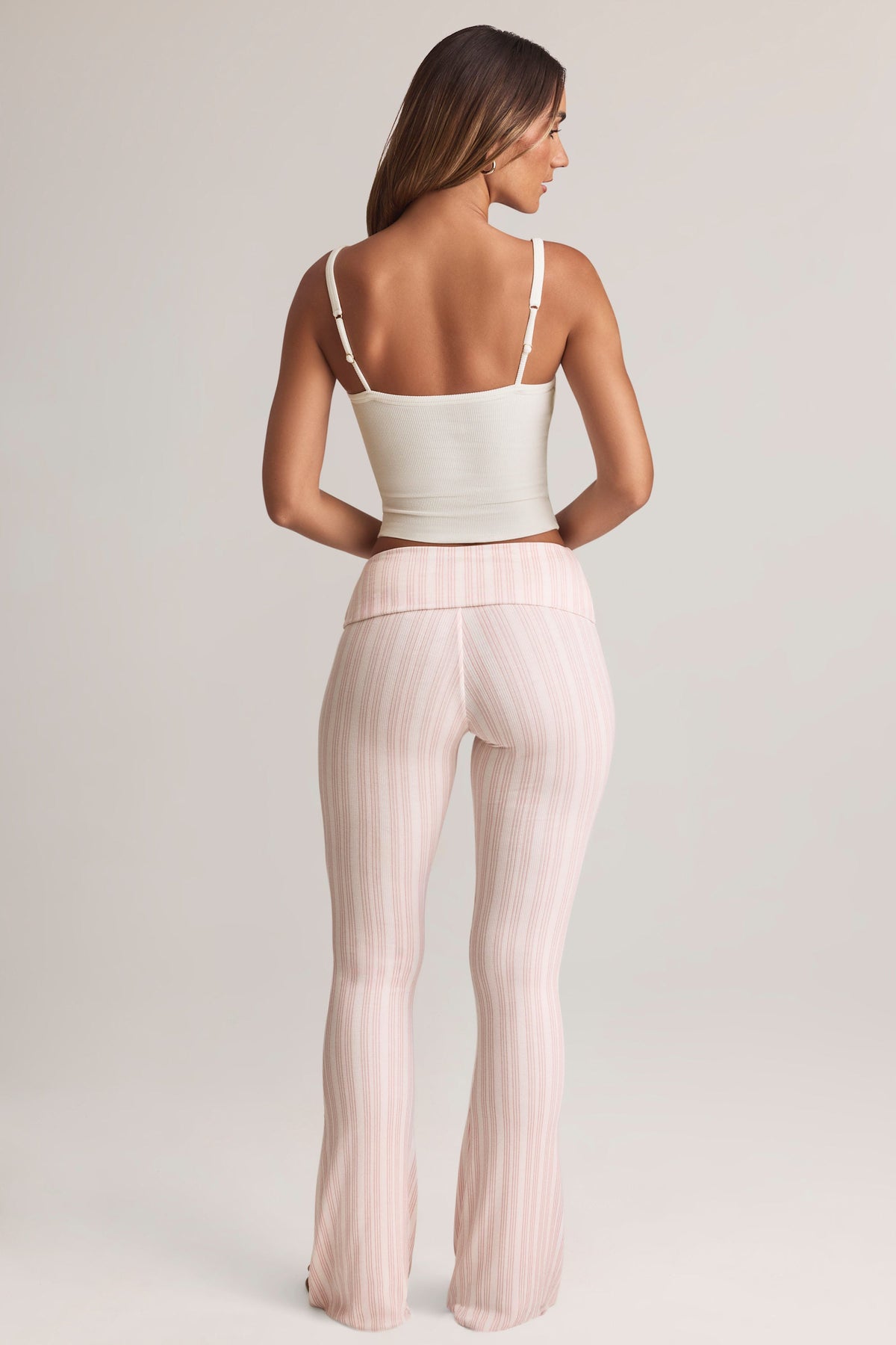 Chic Modal Foldover Mid-Rise Flared Trousers in Stripe Print