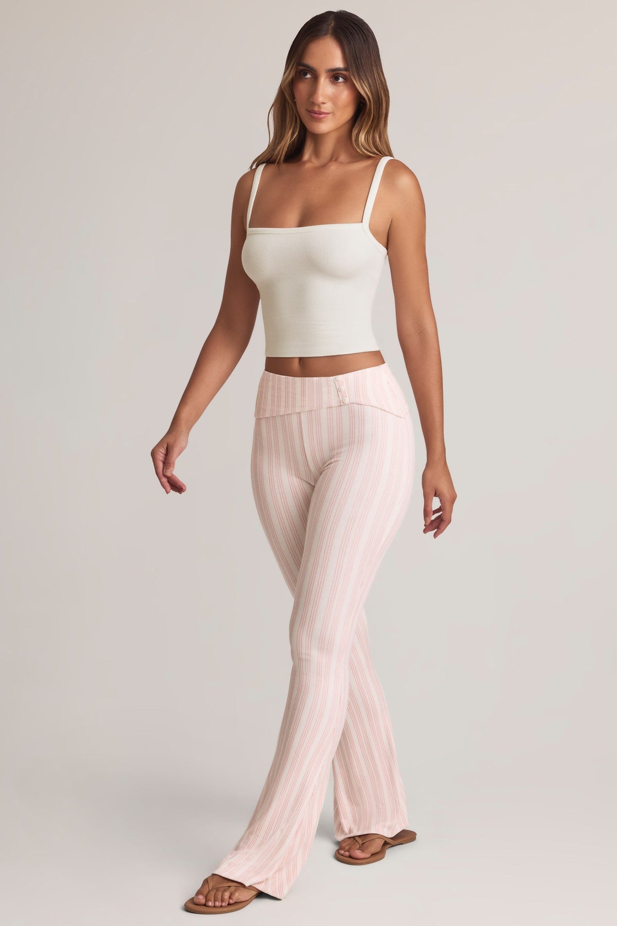 Chic Modal Foldover Mid-Rise Flared Trousers in Stripe Print