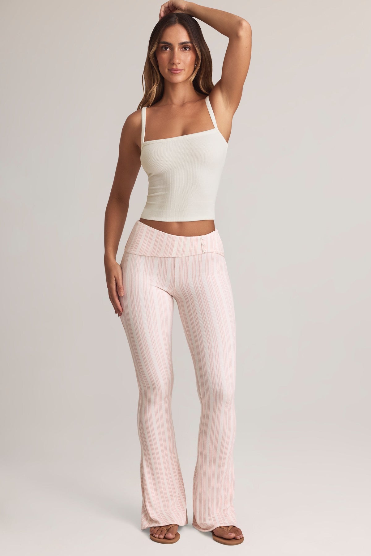 Chic Modal Foldover Mid-Rise Flared Trousers in Stripe Print