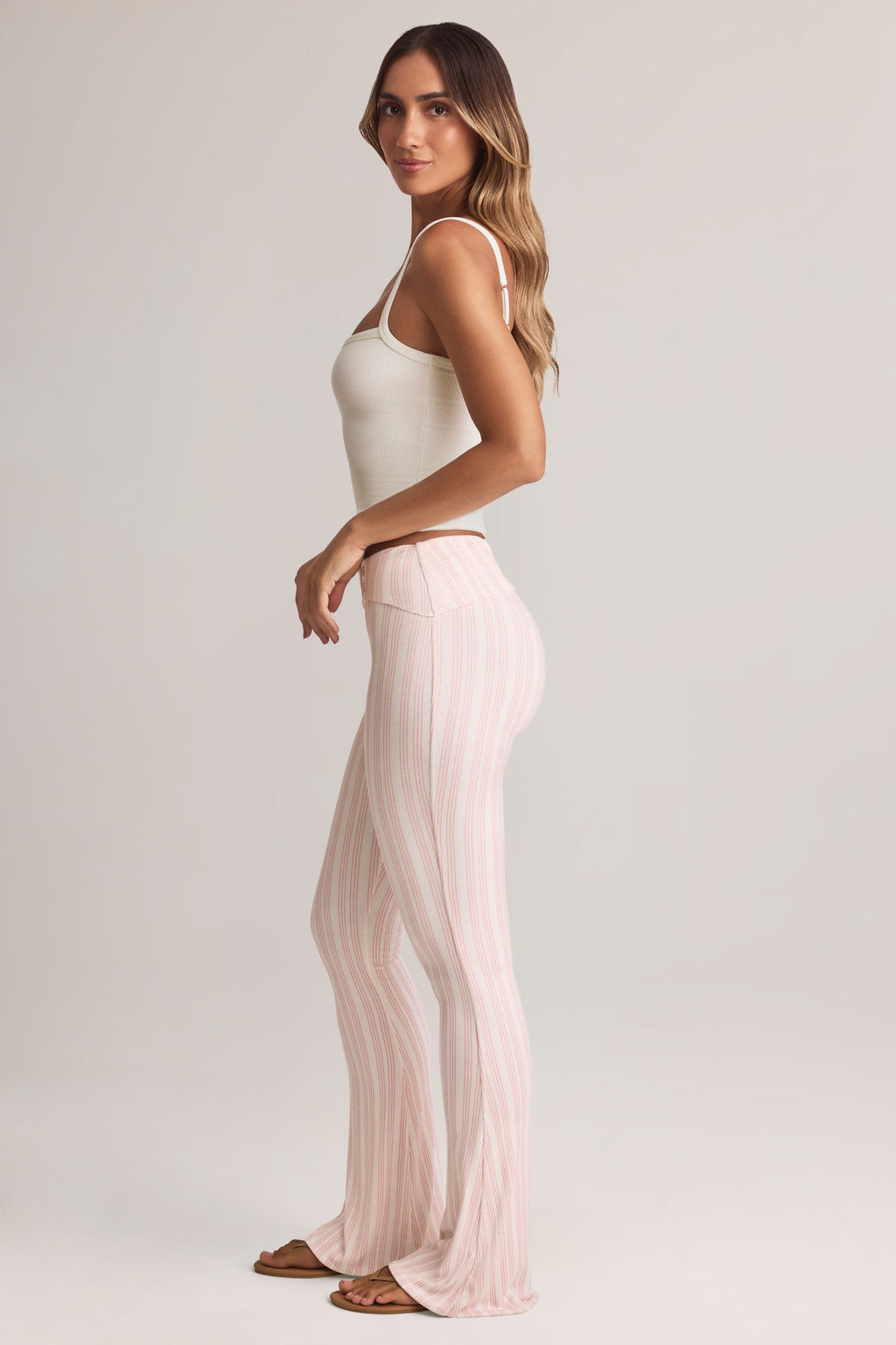 Chic Modal Foldover Mid-Rise Flared Trousers in Stripe Print