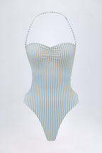 Chic Cut-Out Halterneck Swimsuit in Teal Double Stripe