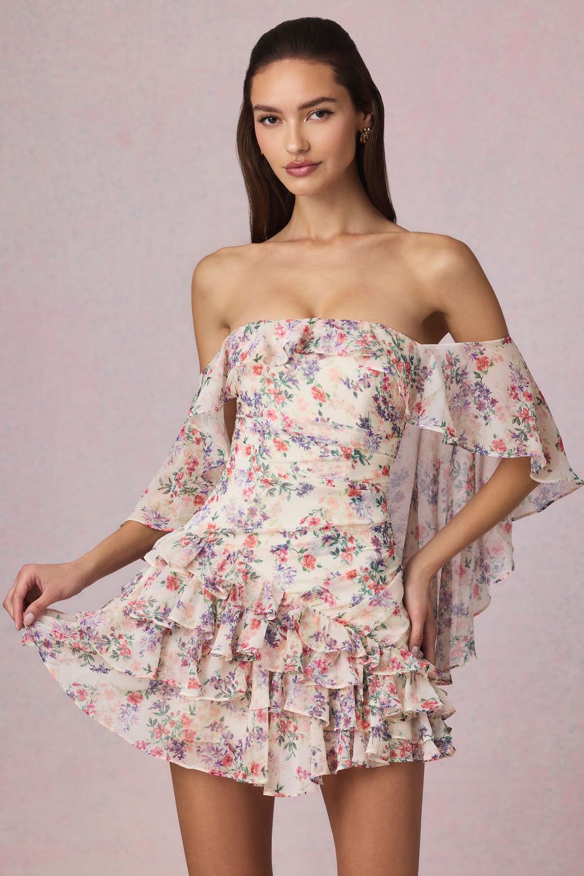 Chic Off-Shoulder Ruffled Mini Dress in Primrose Floral Print