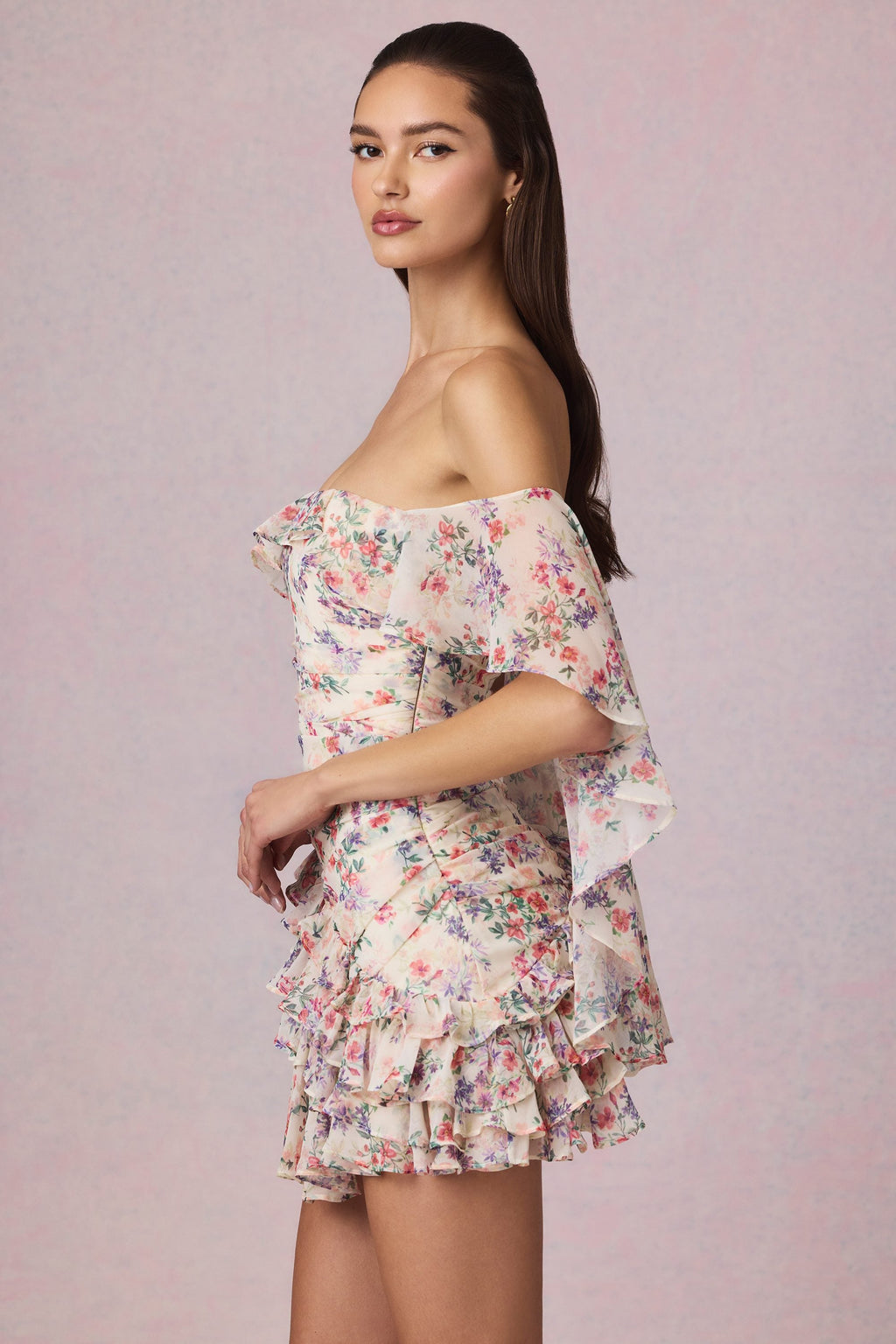 Chic Off-Shoulder Ruffled Mini Dress in Primrose Floral Print