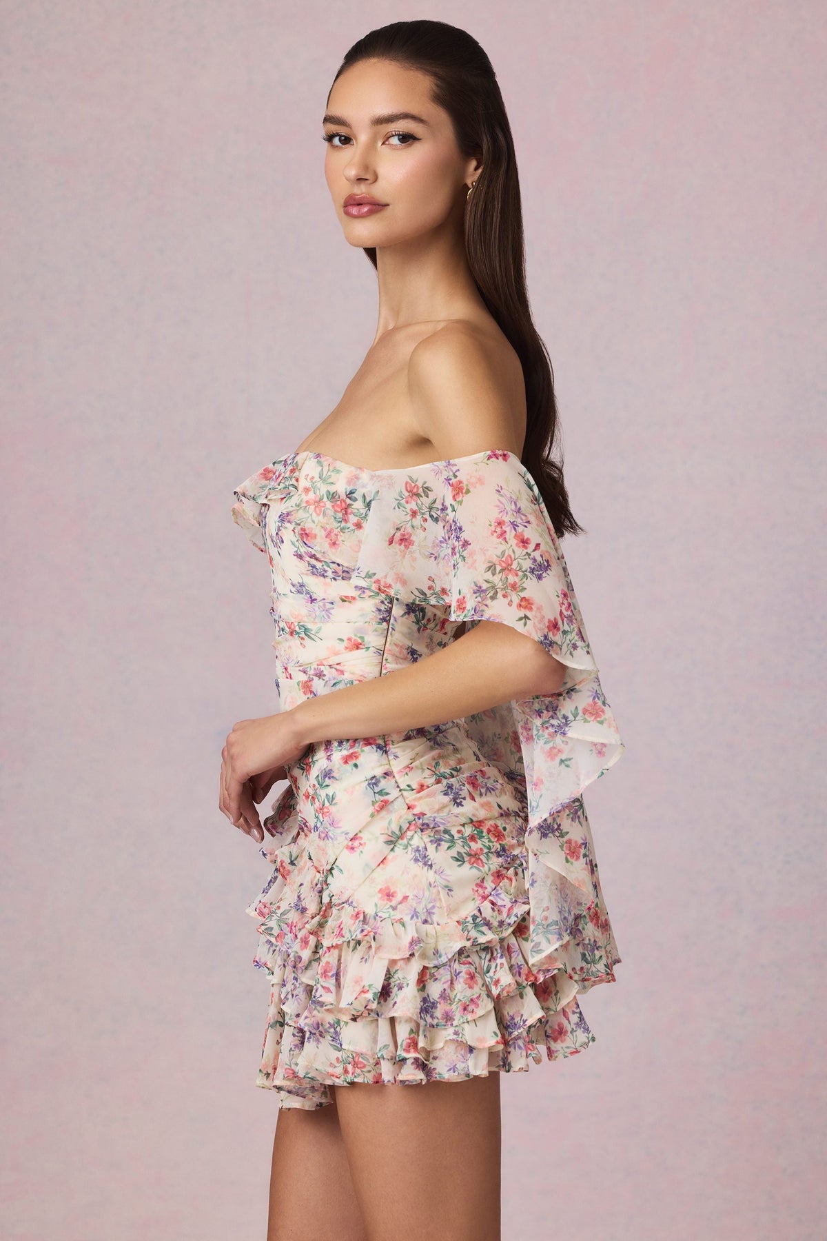 Chic Off-Shoulder Ruffled Mini Dress in Primrose Floral Print