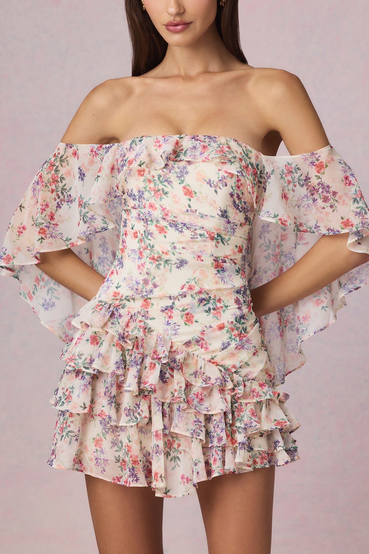 Chic Off-Shoulder Ruffled Mini Dress in Primrose Floral Print