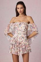 Chic Off-Shoulder Ruffled Mini Dress in Primrose Floral Print