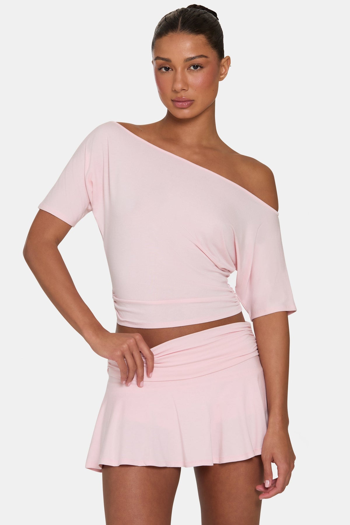 Chic ButterCloud Slouchy Off-Shoulder Top in Blush
