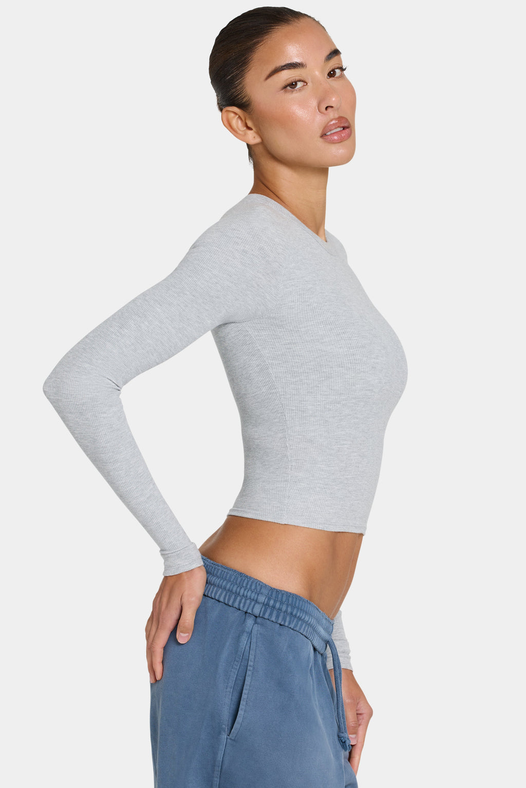 Chic ButterCloud Long-Sleeve Crop Top in Grey Marl