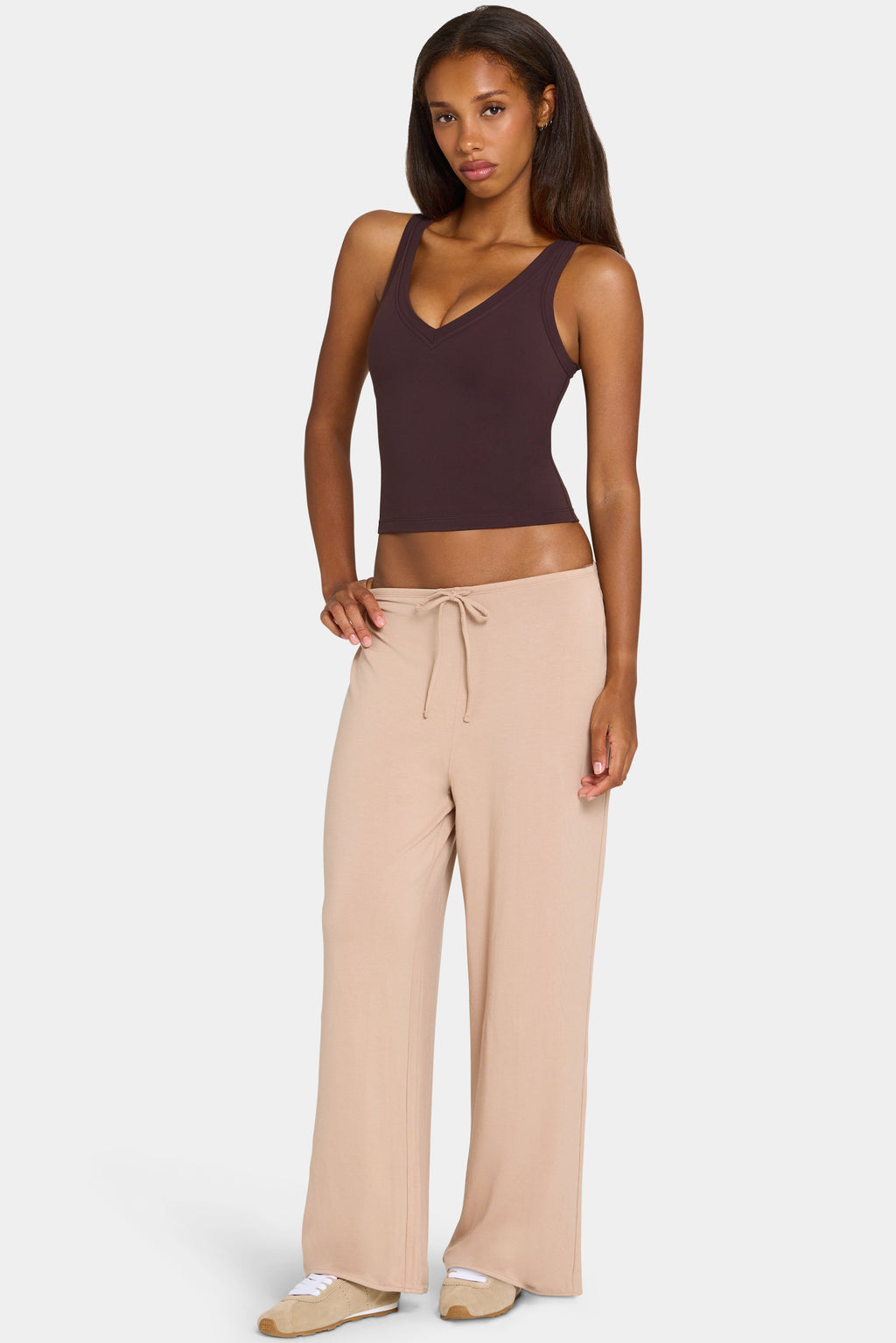 Chic ButterCloud Tie-Waist Wide-Leg Trousers in Oatmeal