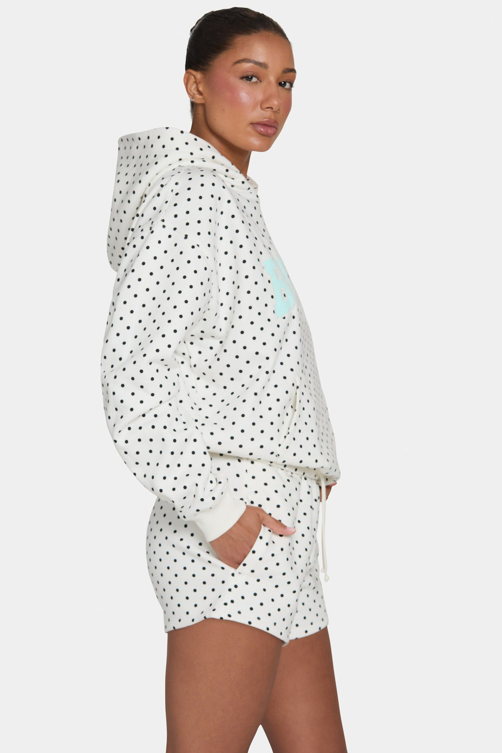 Chic Oversized Applique Hoodie in Monochrome Polka Dot
