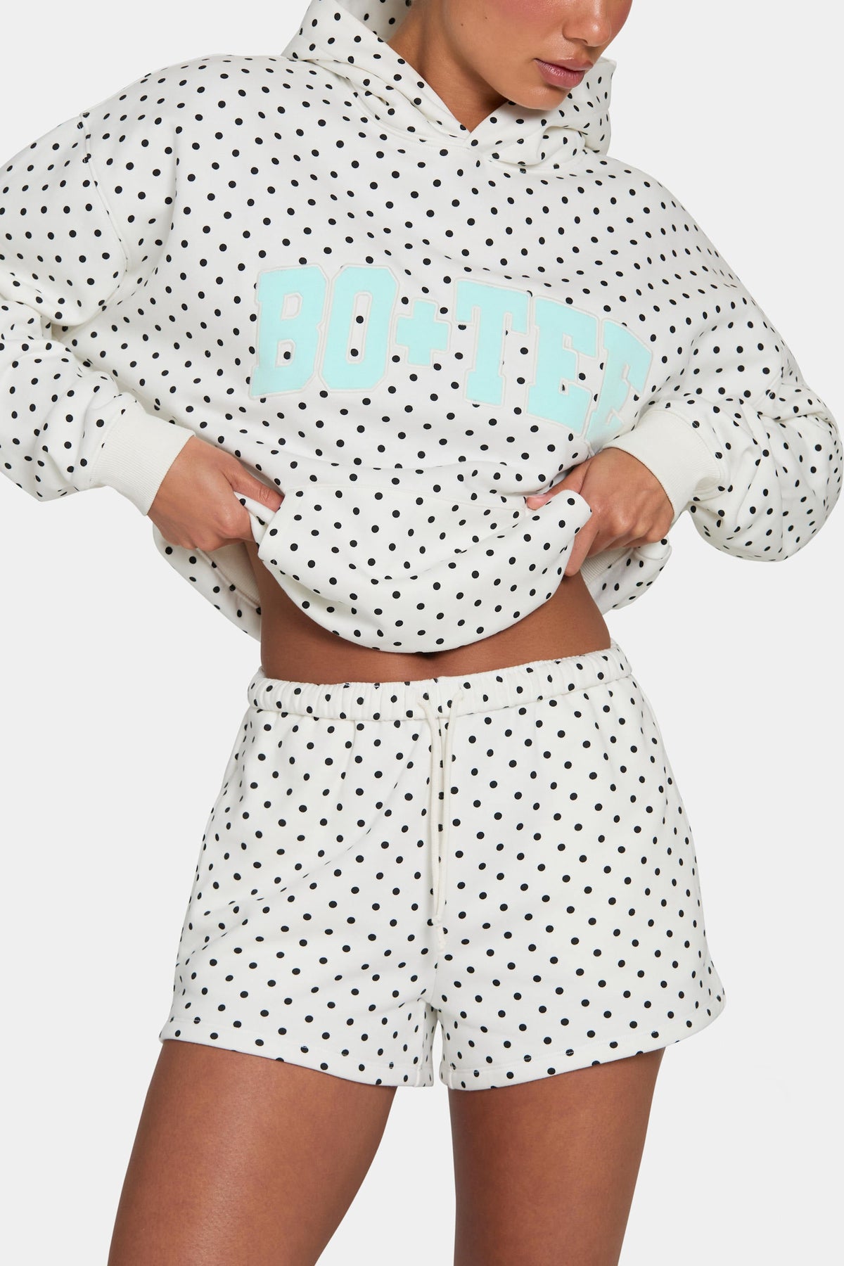 Chic Oversized Applique Hoodie in Monochrome Polka Dot