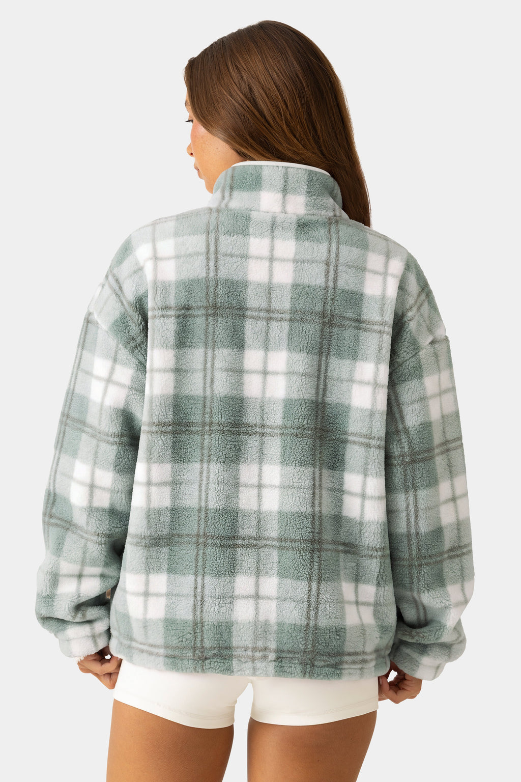 Chic Oversized Zip-Up Fleece in Matcha Plaid