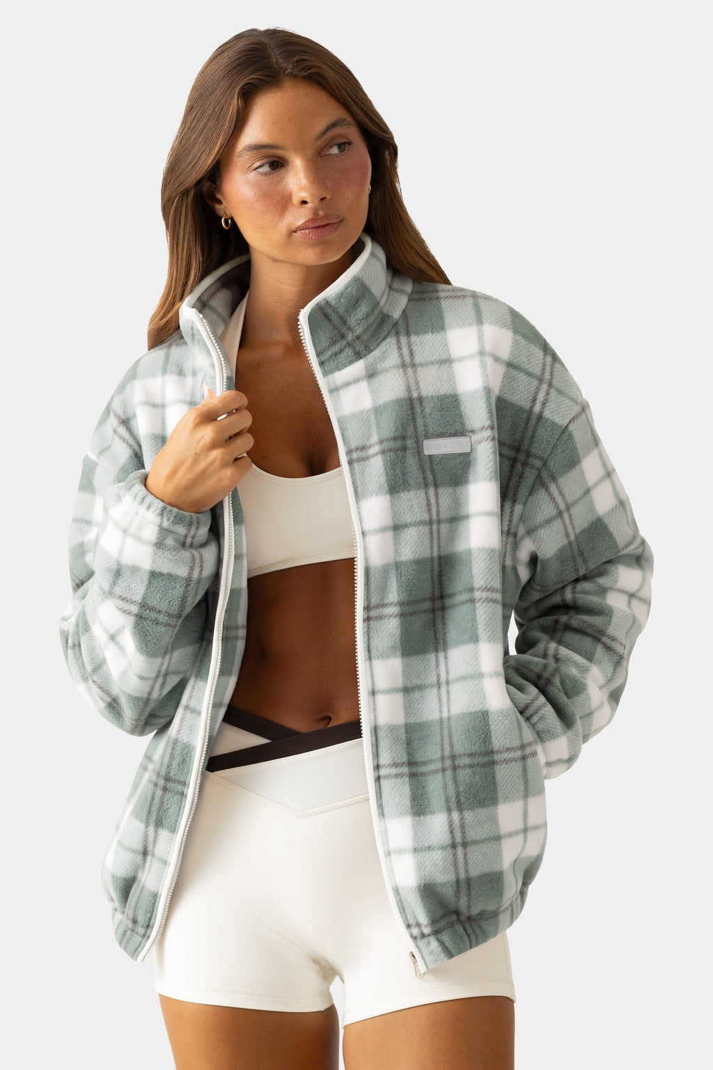 Chic Oversized Zip-Up Fleece in Matcha Plaid