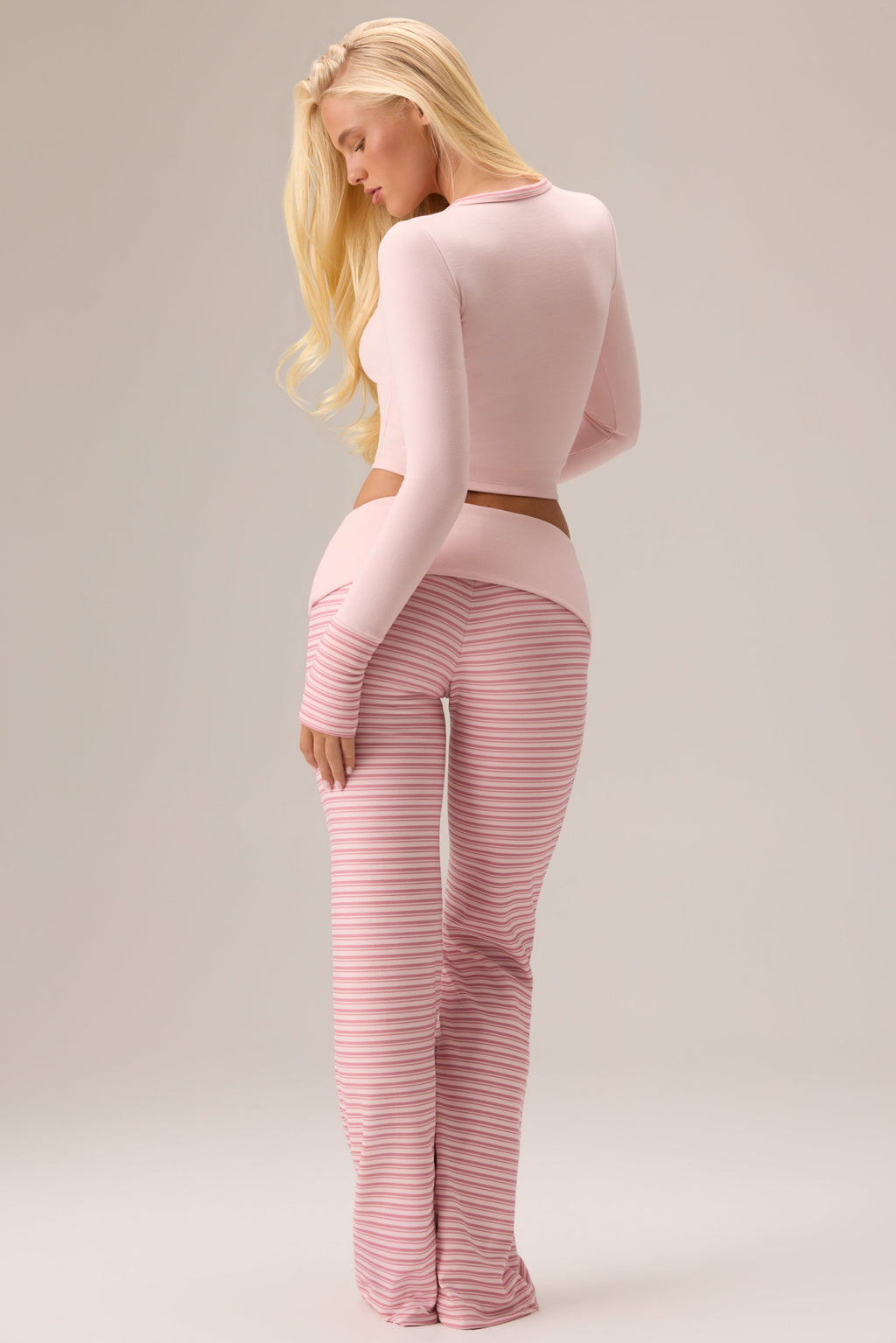 Chic Plush Jersey Wide-Leg Trousers in Berry Stripe