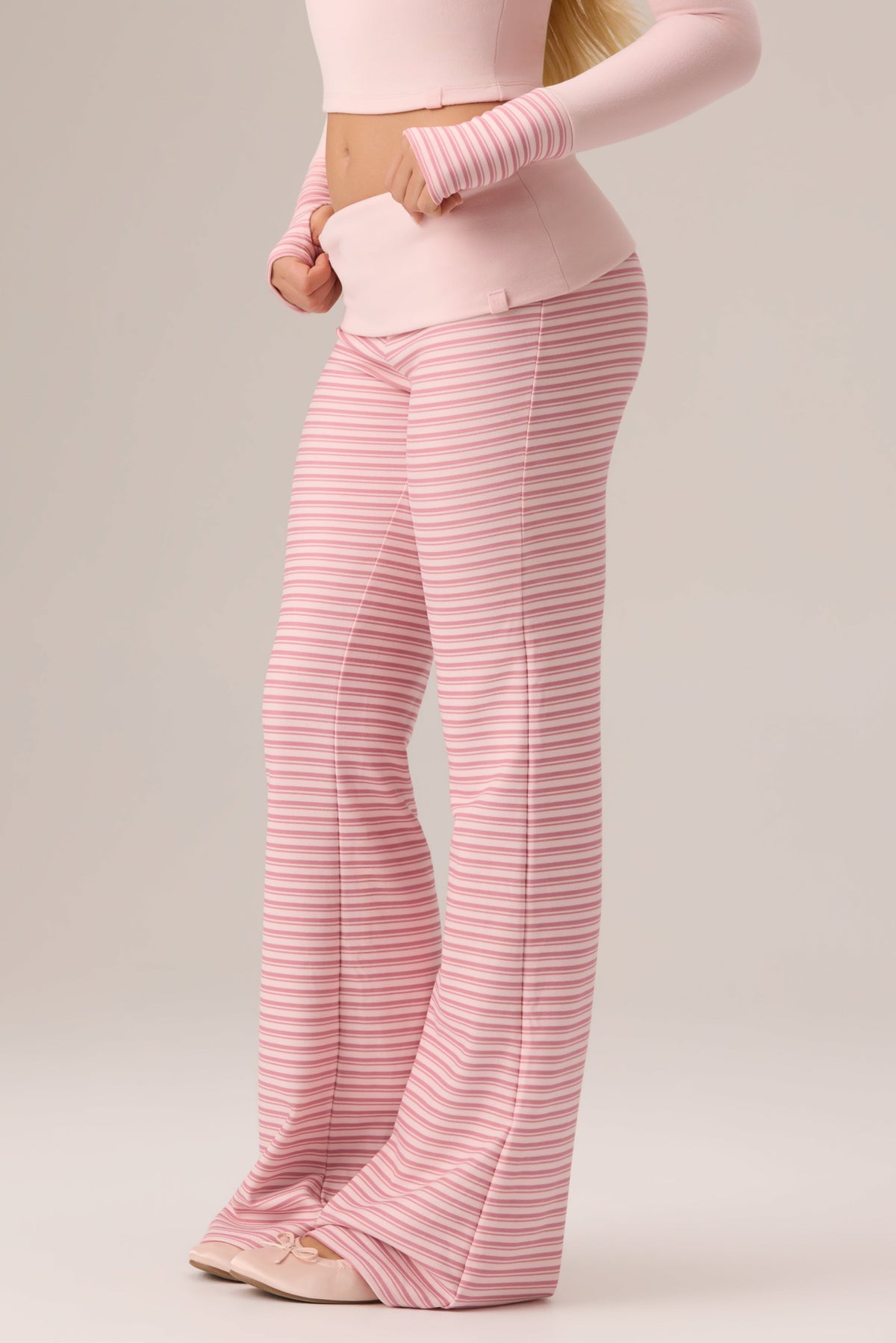 Chic Plush Jersey Wide-Leg Trousers in Berry Stripe
