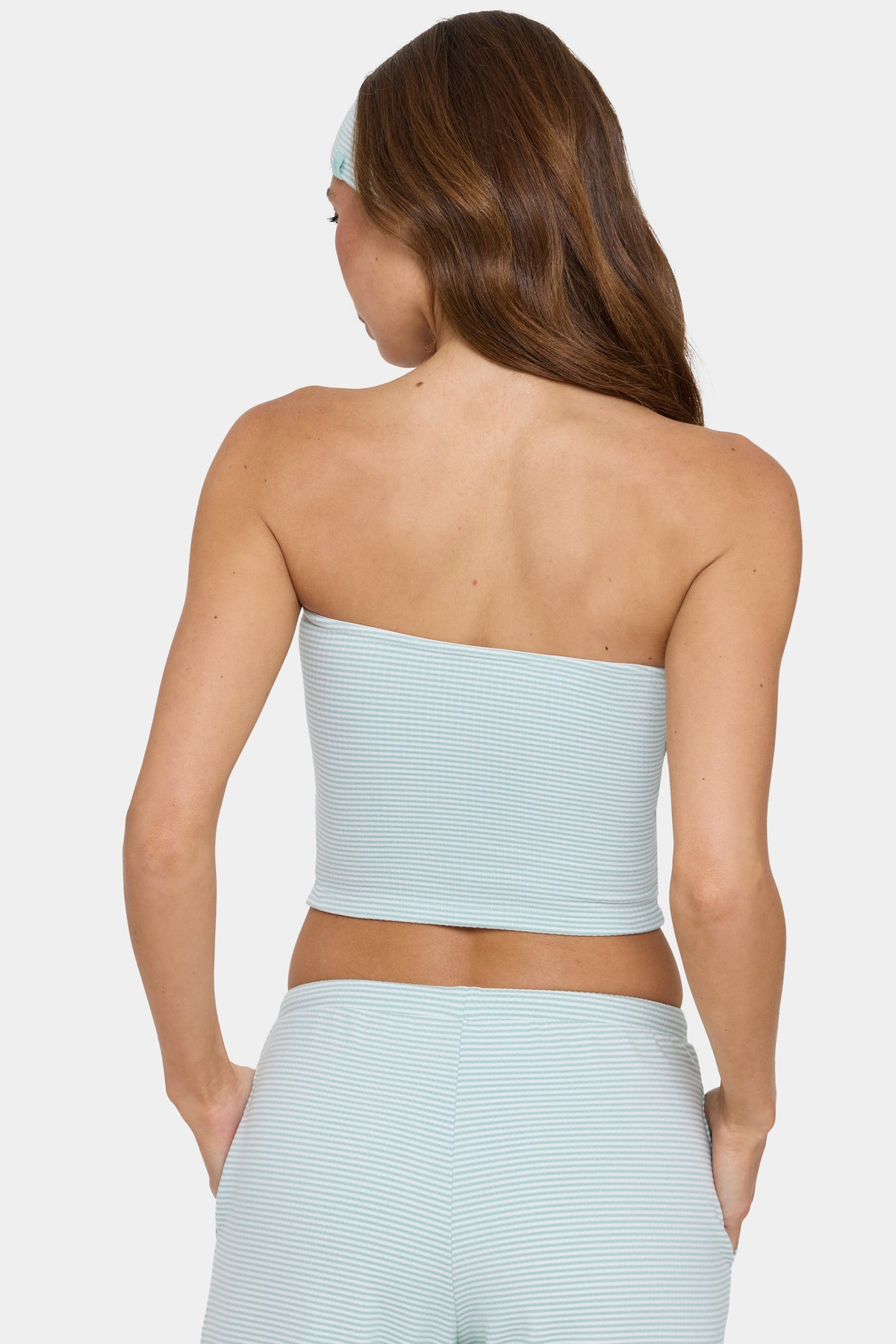 Chic Ribbed Jersey Bandeau Top in Mint Stripe
